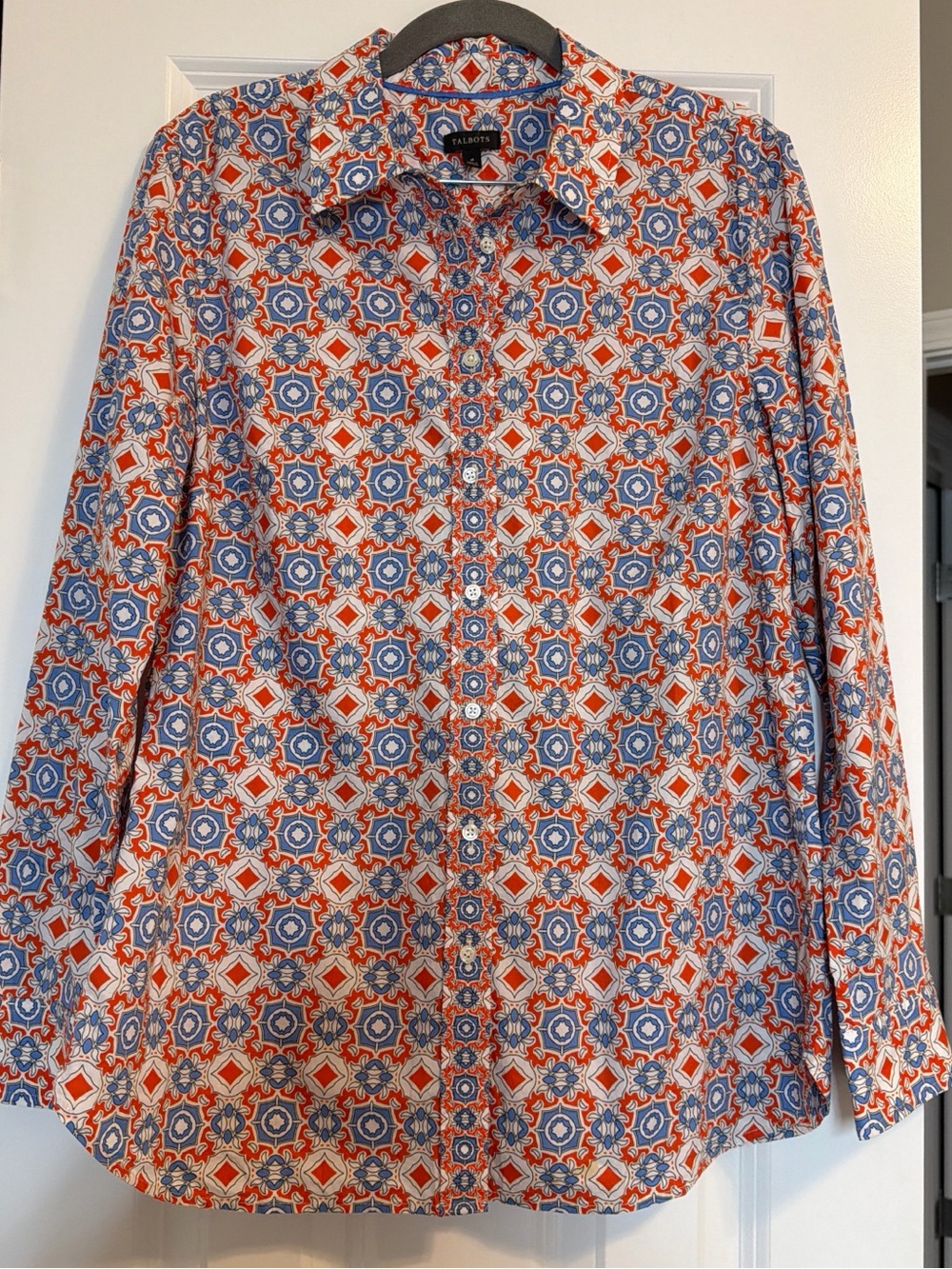 Talbots Geometric Print Button-Down Shirt in Blue and Red, 100% cotton